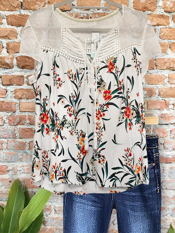 Women's top | Mesh Patchwork Floral Knit Top |Website-shopcharmingrose