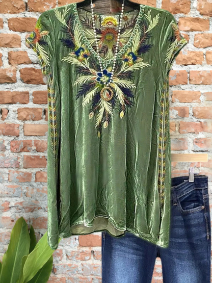Elegant Velvet Embroidered Short Sleeve Top