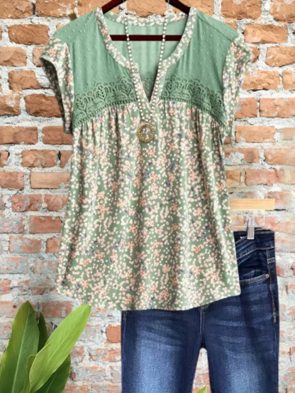 Casual Floral Lace Short Sleeve Top