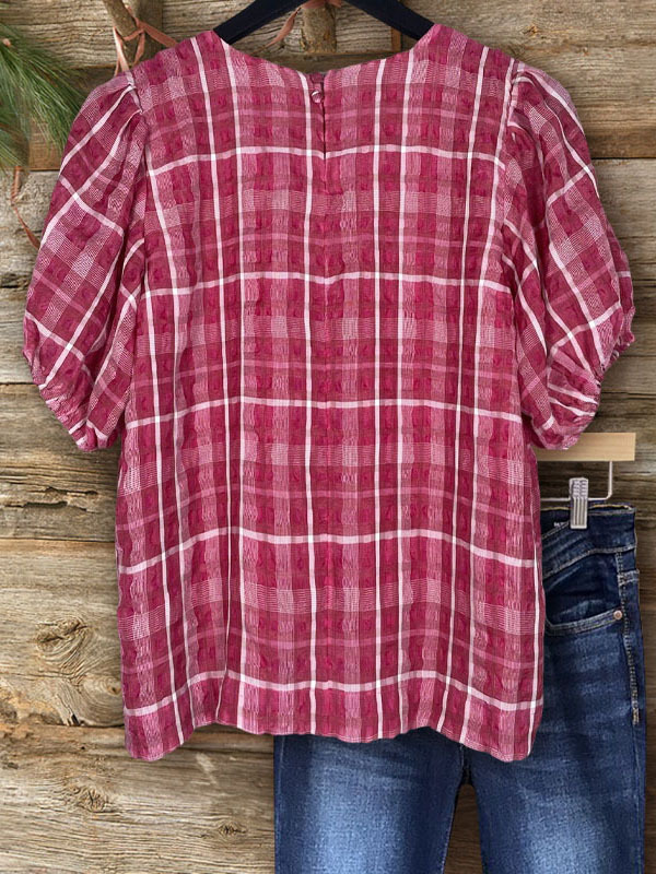 Puff Plaid Puff Sleeve Top