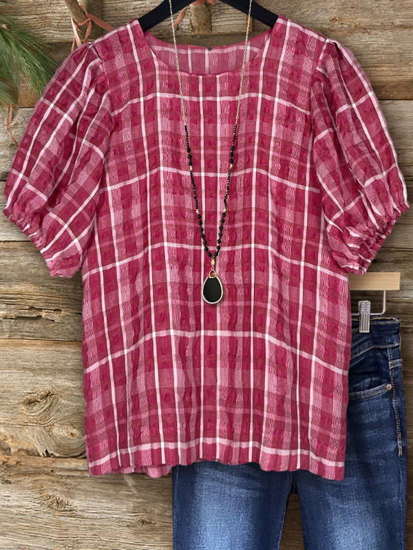 Puff Plaid Puff Sleeve Top