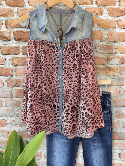 Vintage Denim Style Leopard Patchwork Vest