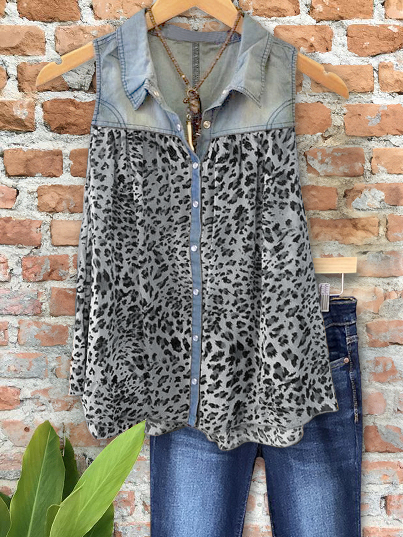 Vintage Denim Style Leopard Patchwork Vest