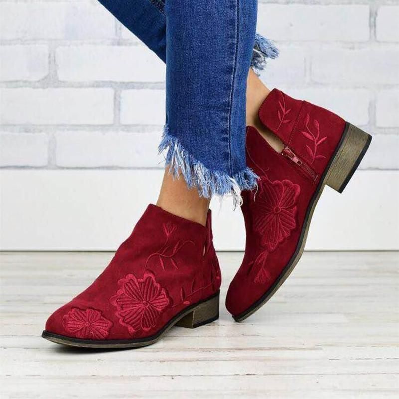 Women's Fashion Flower Embroidery Zipper Ankle Boots Retro Pointed Toe Flat Booties