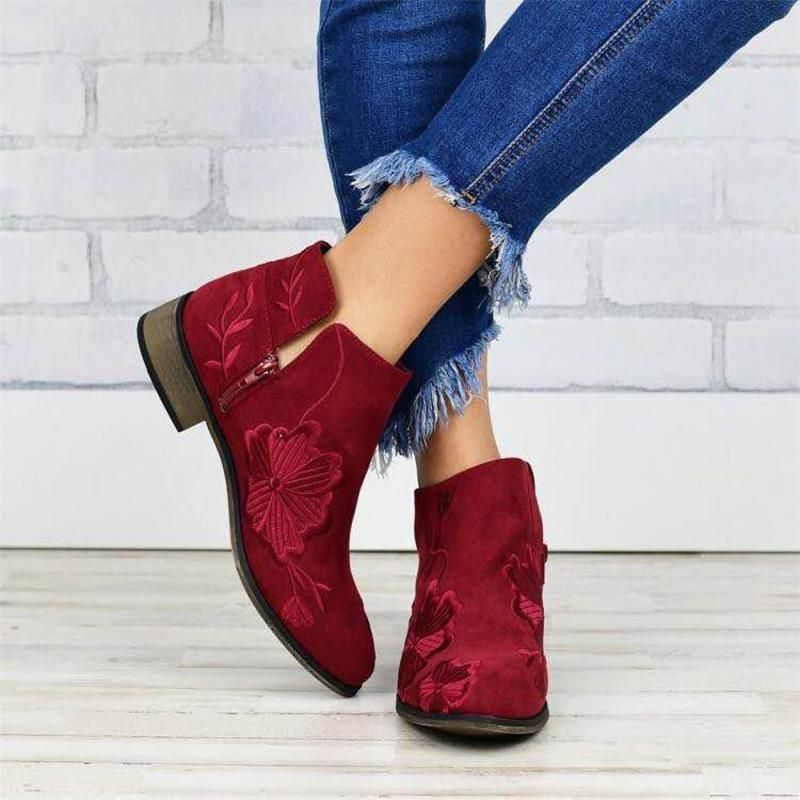 Women's Fashion Flower Embroidery Zipper Ankle Boots Retro Pointed Toe Flat Booties