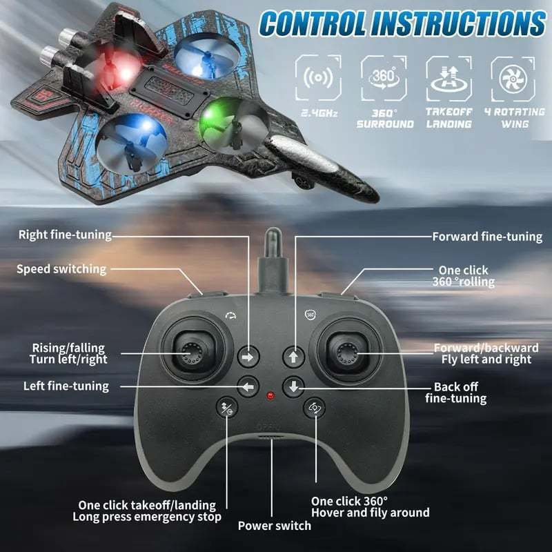 🎉🎉RC Stunt Fighter Jet Toy for Kids with 360° Flips & LED Lights
