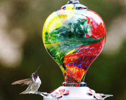 Hand Blown Glass Hummingbird Feeder  - 32 Ounces - Nebula