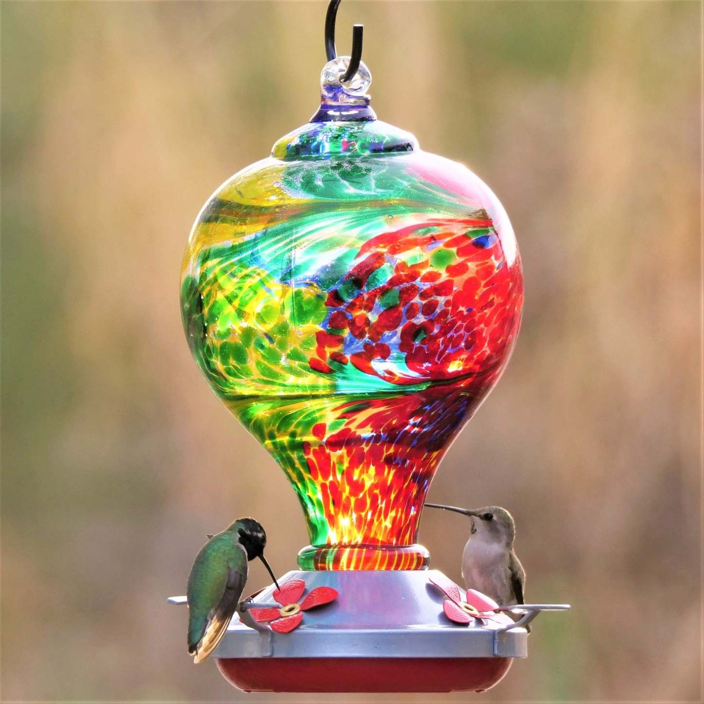 Hand Blown Glass Hummingbird Feeder  - 32 Ounces - Nebula