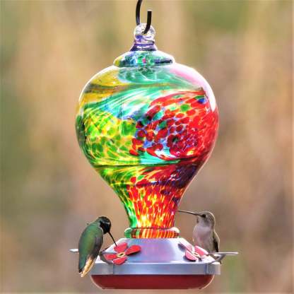 Hand Blown Glass Hummingbird Feeder  - 32 Ounces - Nebula