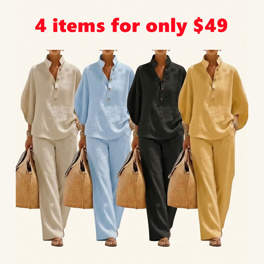 🔥Mother's Day Promotion💟 Plus Size Friendly Women’s Batwing Sleeve Linen Cotton Two-Piece Set – Casual Shirt & Wide Leg Pants Outfit