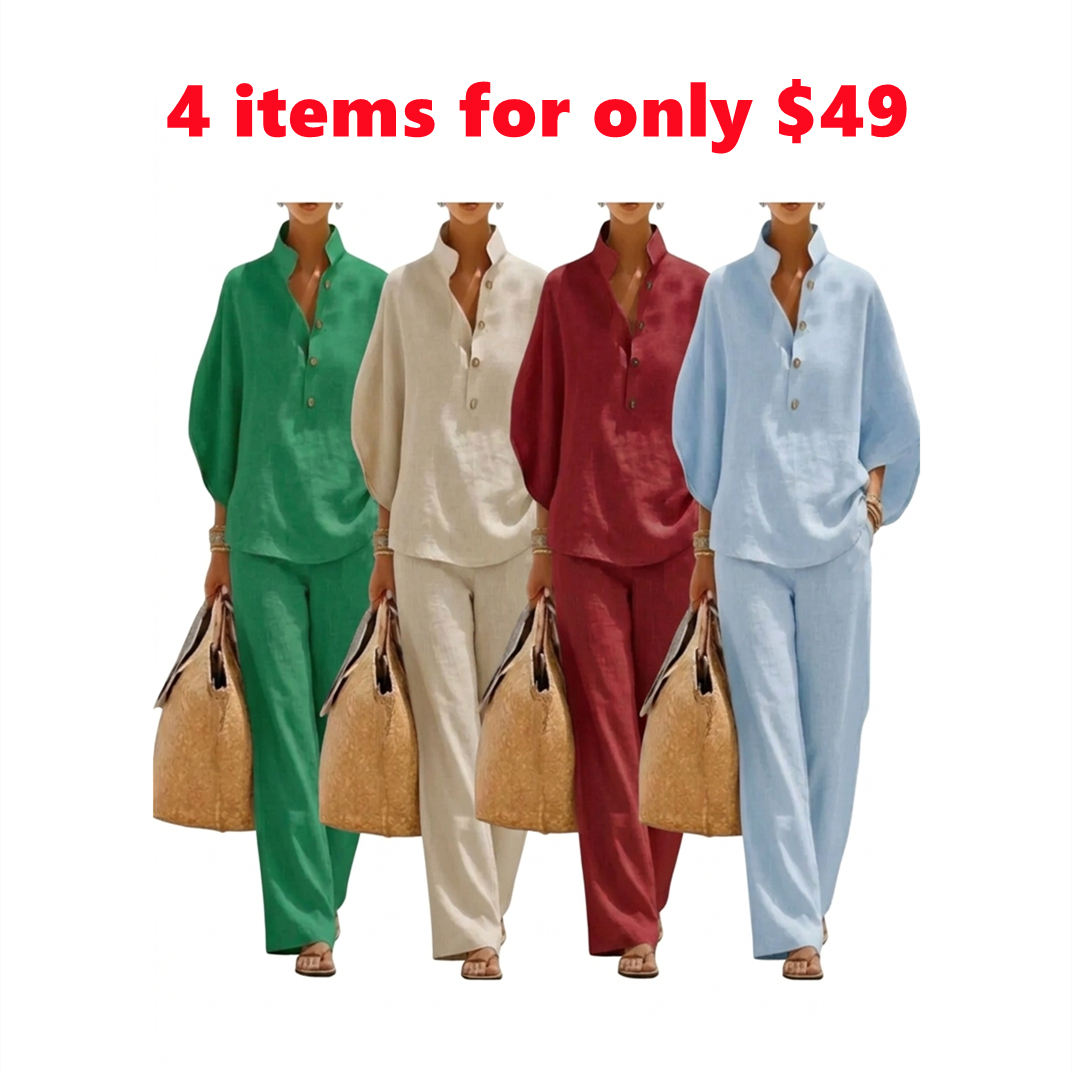 🔥Mother's Day Promotion💟 Plus Size Friendly Women’s Batwing Sleeve Linen Cotton Two-Piece Set – Casual Shirt & Wide Leg Pants Outfit