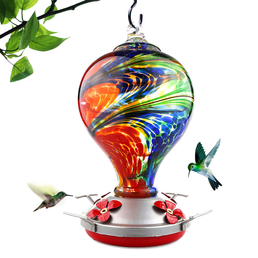 Hand Blown Glass Hummingbird Feeder  - 32 Ounces - Nebula