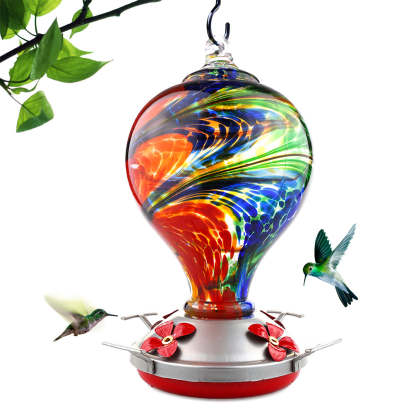 Hand Blown Glass Hummingbird Feeder  - 32 Ounces - Nebula