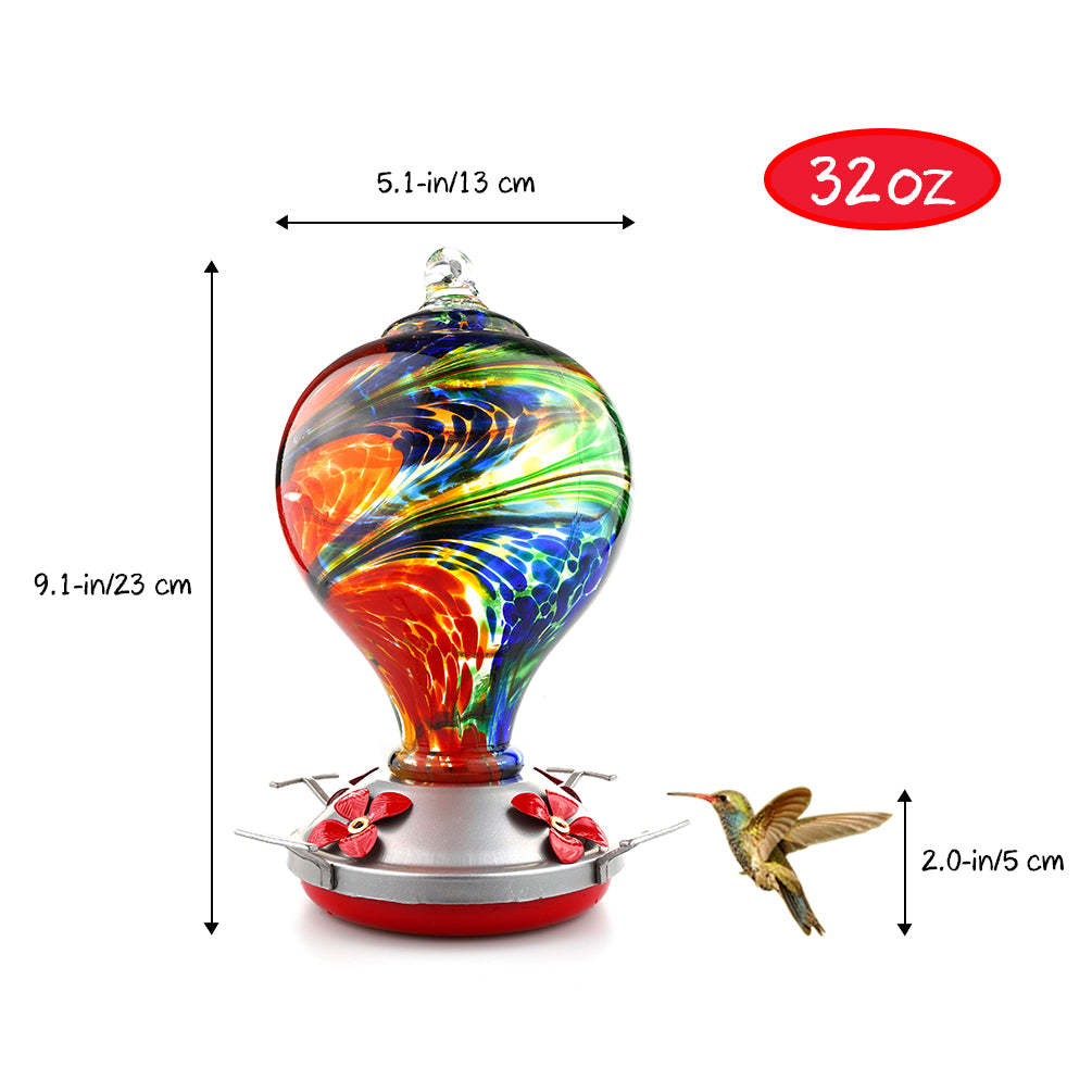 Hand Blown Glass Hummingbird Feeder  - 32 Ounces - Nebula