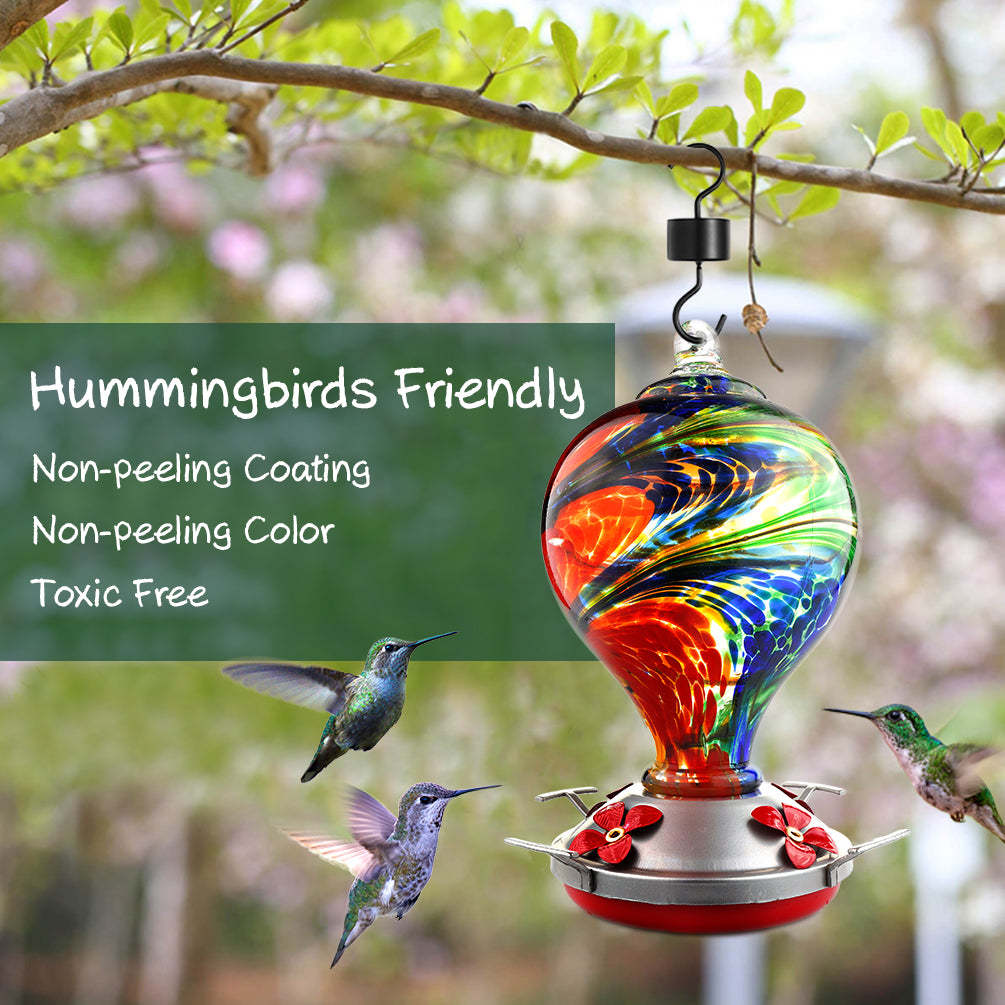 Hand Blown Glass Hummingbird Feeder  - 32 Ounces - Nebula