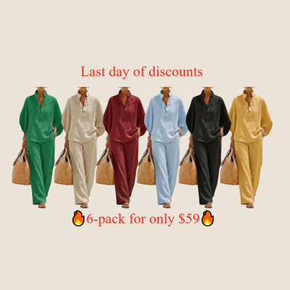 🔥Mother's Day Promotion💟 Plus Size Friendly Women’s Batwing Sleeve Linen Cotton Two-Piece Set – Casual Shirt & Wide Leg Pants Outfit