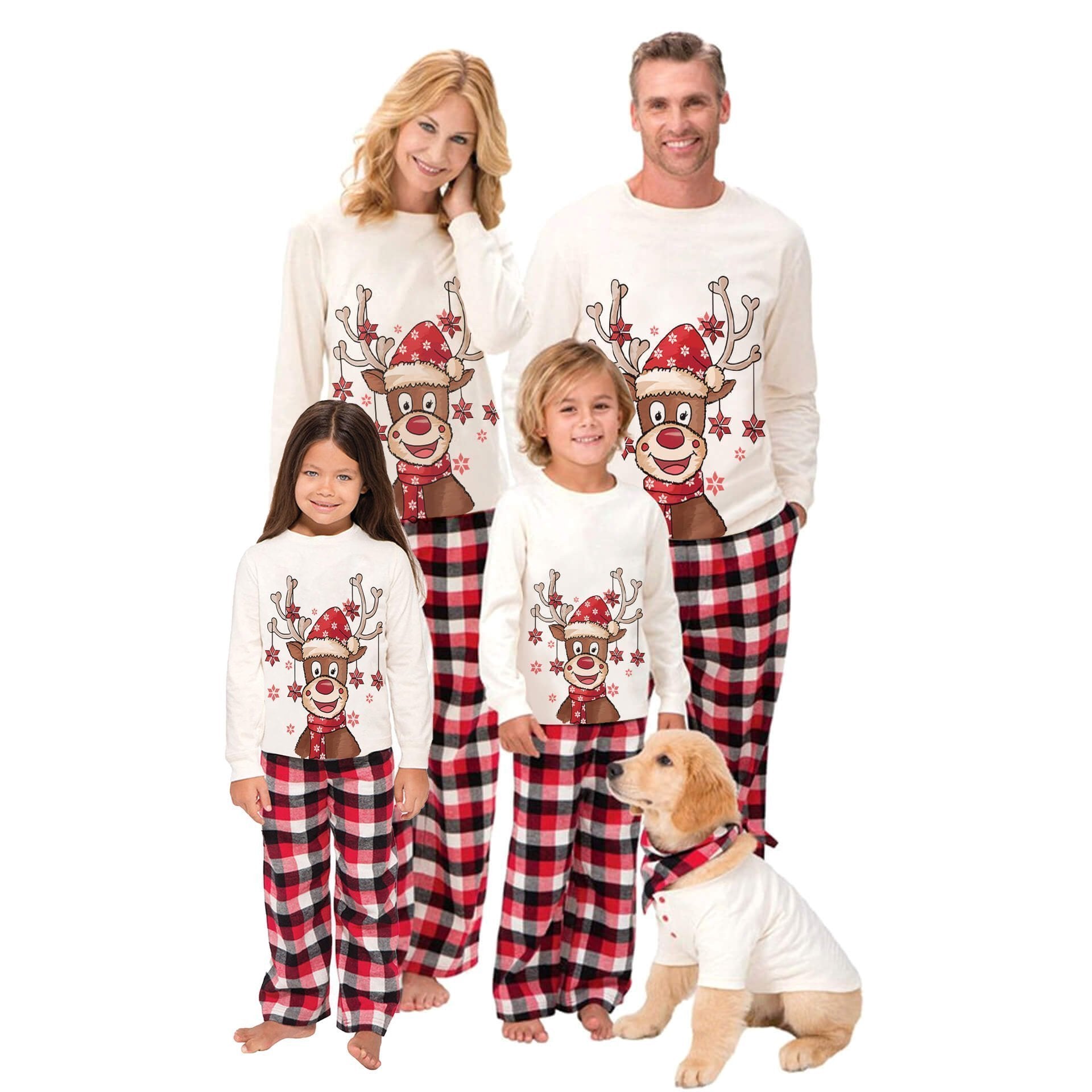 Plus Size Christmas Deer Cartoon Print Plaid Matching Pajamas Set for Family LongSleeve