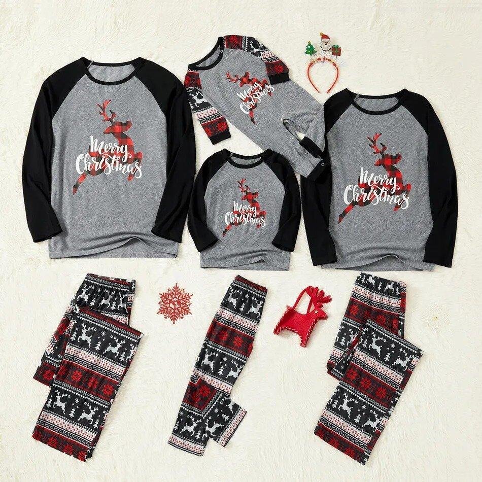Plus Size Christmas Plaid Reindeer and Letter Print Grey Family Matching Raglan Long-sleeve Plus Size Pajamas Sets