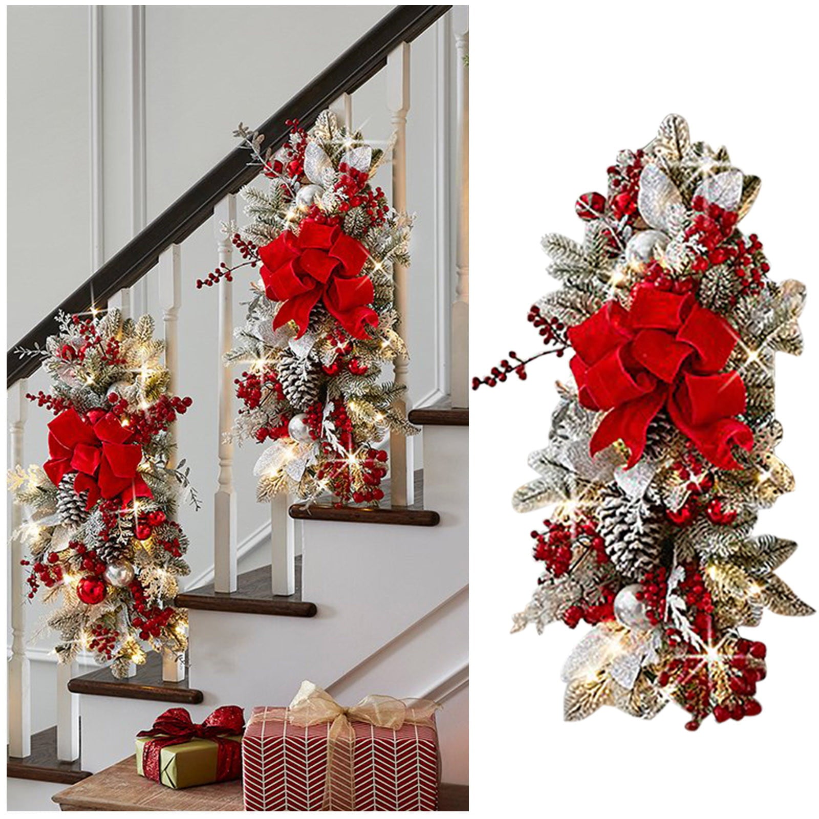 Cordless Prelit Stairway Swag Trim Lights Up Christmas Stair Decoratio 