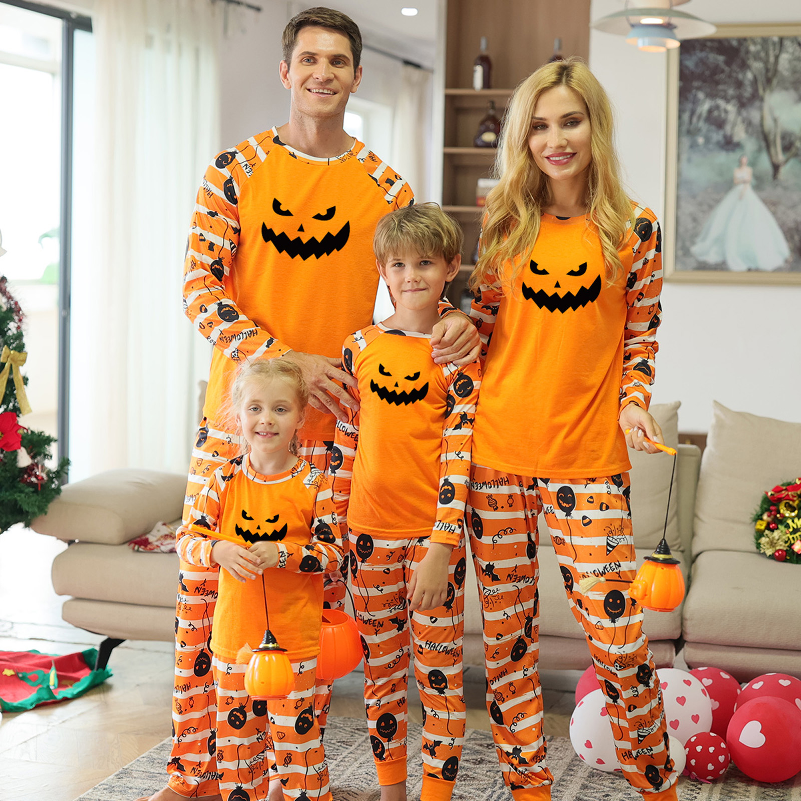 Halloween Family Pajamas Matching Sets Smile Pumpkin Sleepwear Soft Outfit Parent-Child Orange Suit