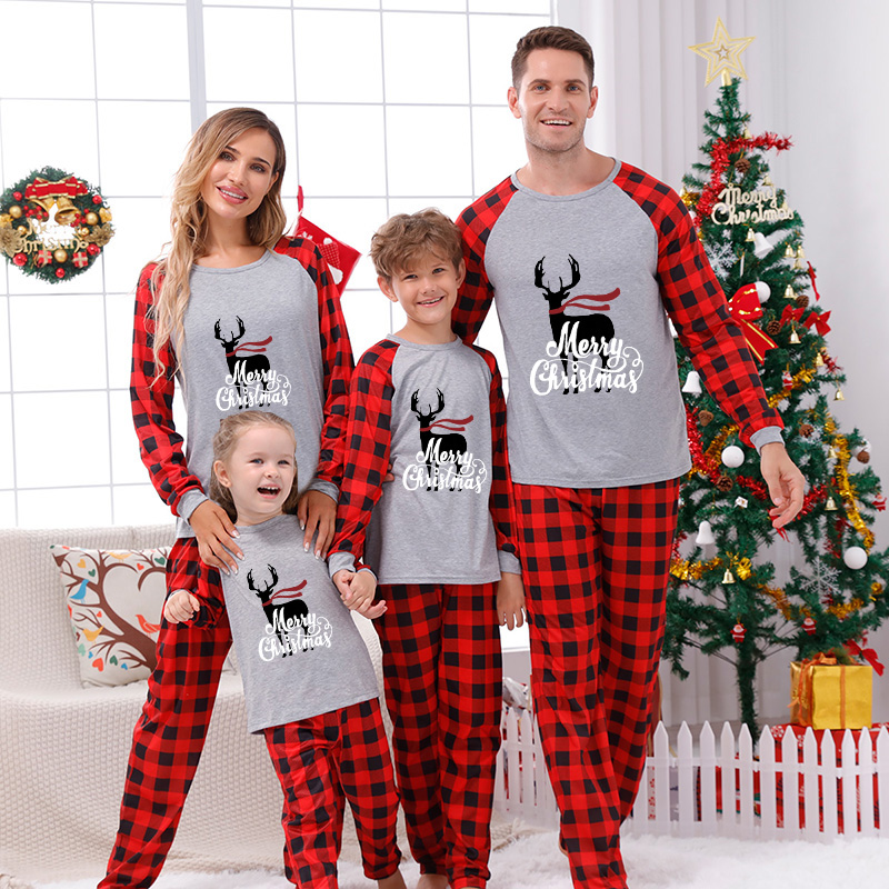 Christmas Family Matching Sleepwear Pajamas Sets Grey Deers Top and Red Plaids Pants