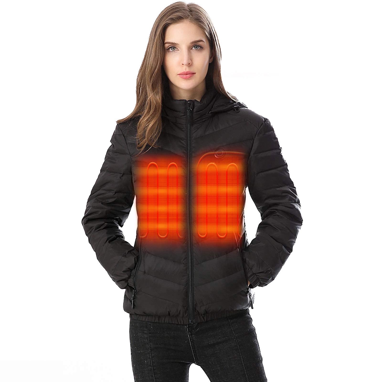 Women's Down Heated Jacket with Battery Pack 7.4V and Detachable Hood, 90% White Duck Down