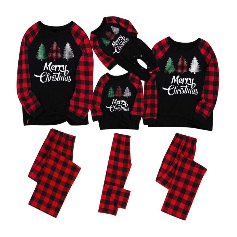 Christmas Family Matching Sleepwear Pajamas Sets Plaids Trees Top And Red Plaid Pants