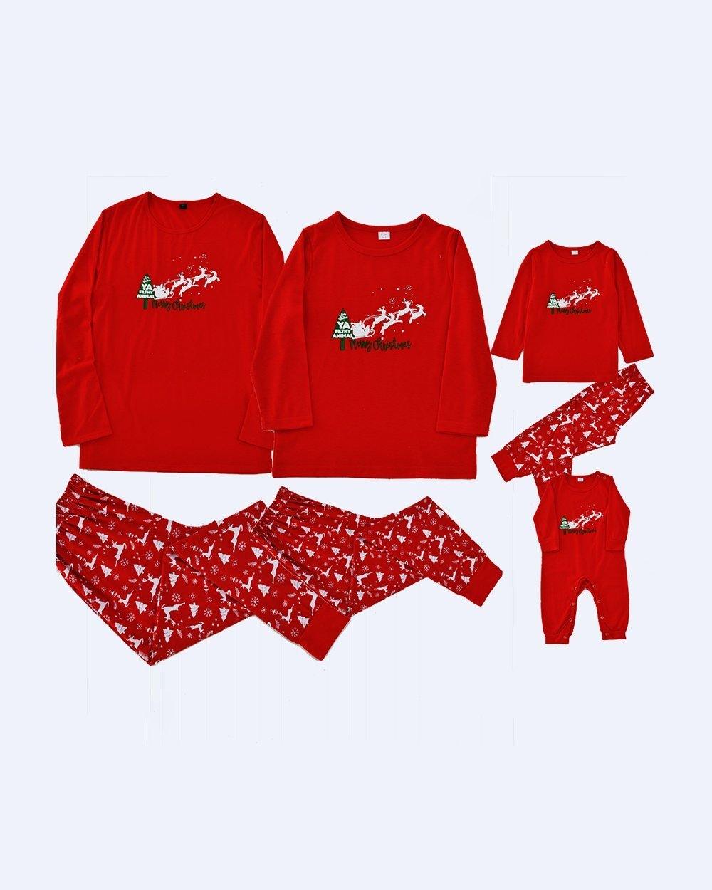 Red Reindeer Cart Plaid Printed Family Christmas Pajamas