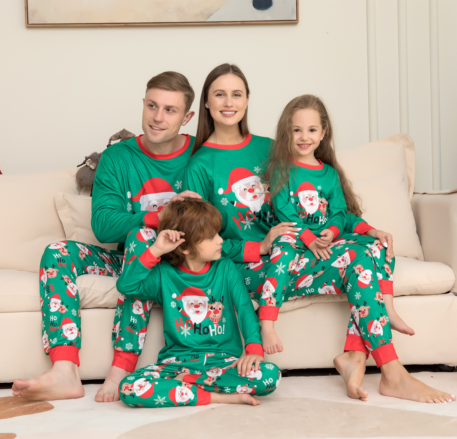 Christmas Family Pajamas Matching Sets Christmas Santa Print Green Top Pants Family Sleepwear