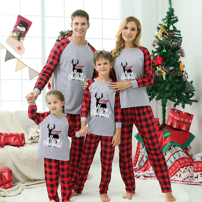 Christmas Family Matching Sleepwear Pajamas Sets Grey Deers Top and Red Plaids Pants