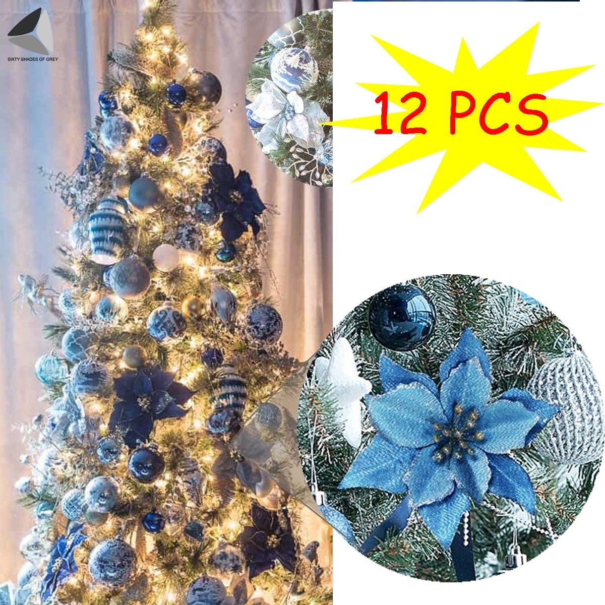 Artificial Christmas Poinsettia Flowers Glitter Tree Hanging Xmas Party Tree Decoration