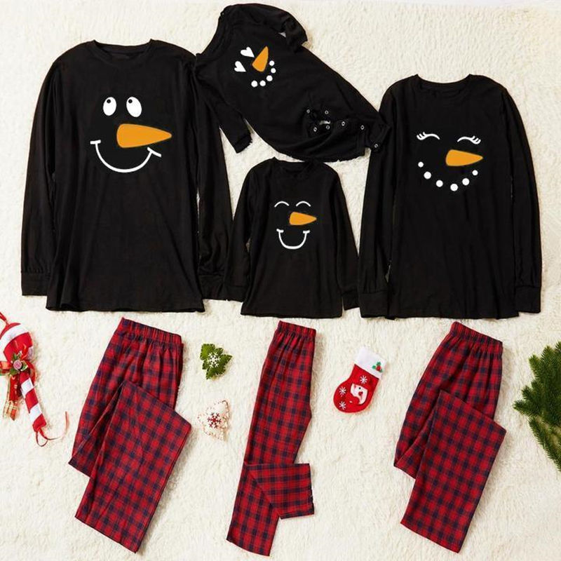 Christmas Family Matching Pajamas Sets Cute Snowman Emoji Expression Red Plaids Set