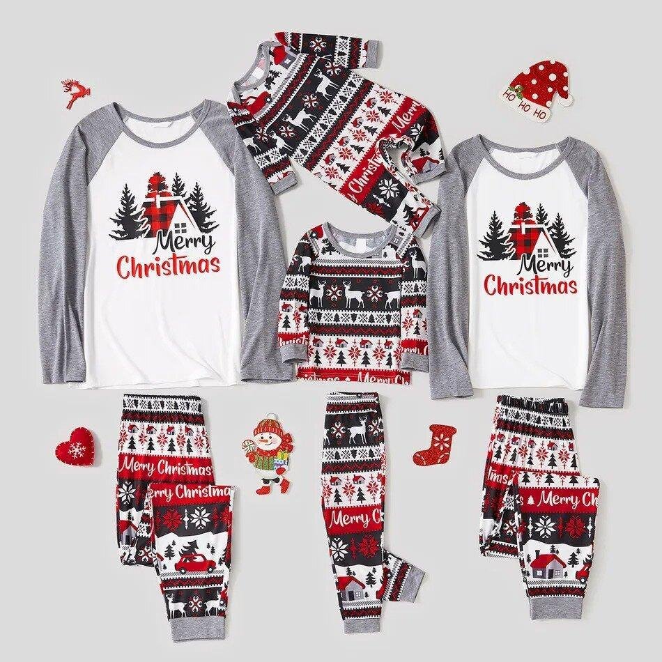 Christmas Tree House and Letter Print Grey Family Matching Raglan Long-sleeve Plus Size Pajamas Sets