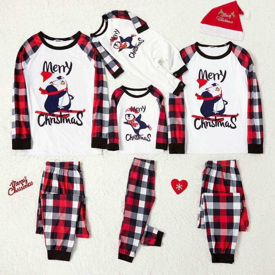 Plus Size Christmas Penguin on Sleigh and Letter Print Family Matching Raglan Long-sleeve Plaid Pajamas Sets