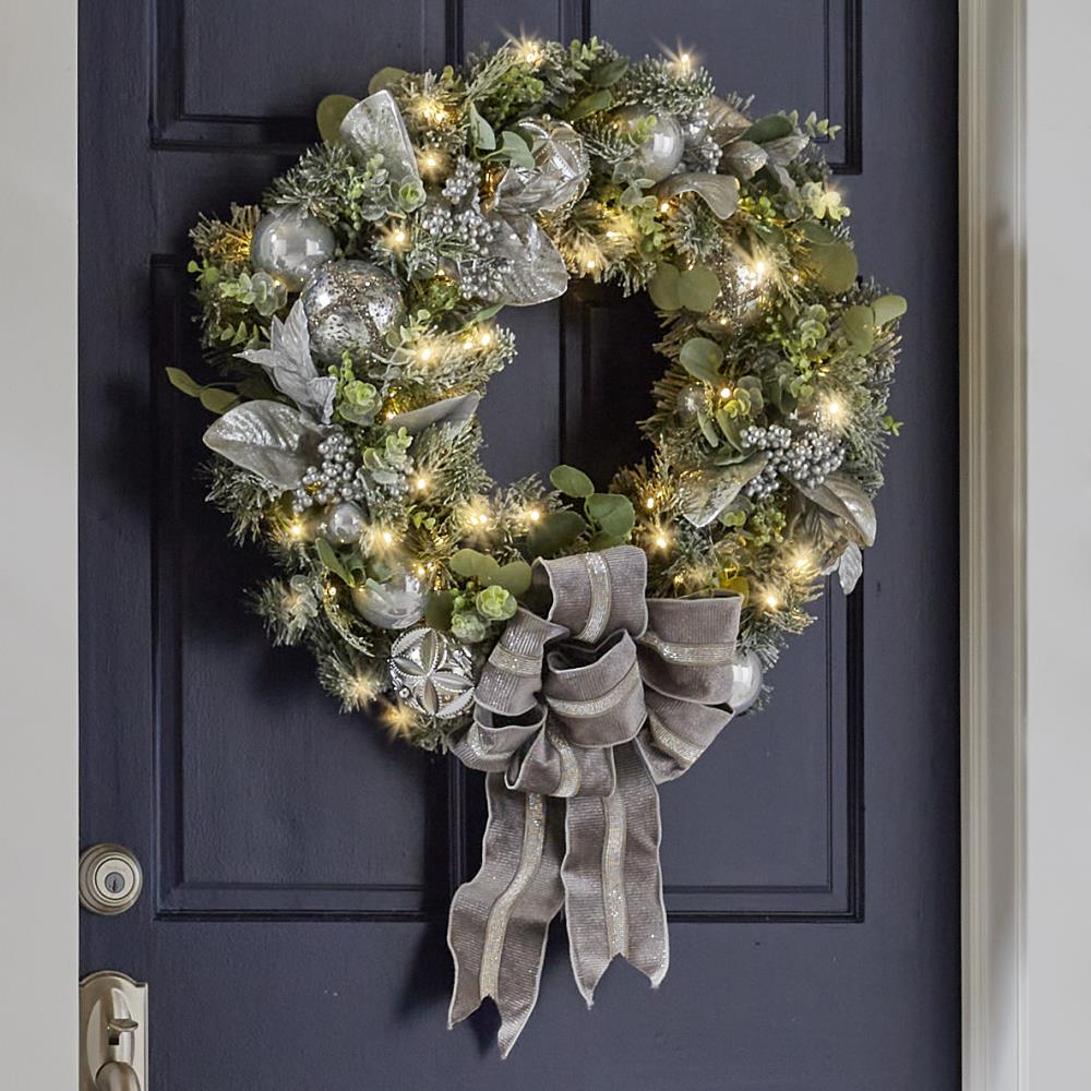 The Cordless Prelit Frosted Silver Berries Holiday Trim Christmas Wreaths Garland For Front Door