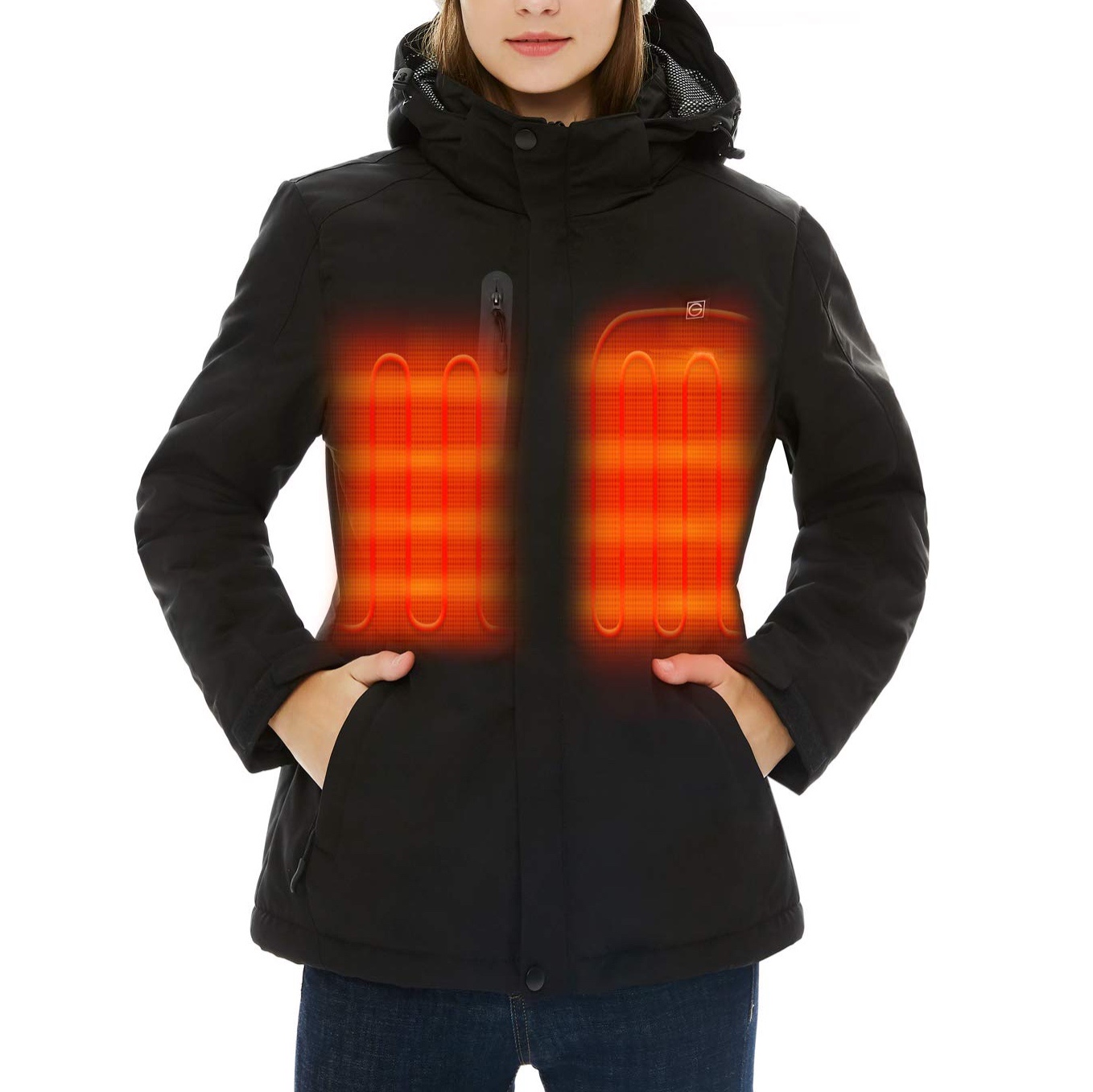 Women's Heated Jacket with Battery Pack 5V, Heated Coat with Detachable Hood Windproof