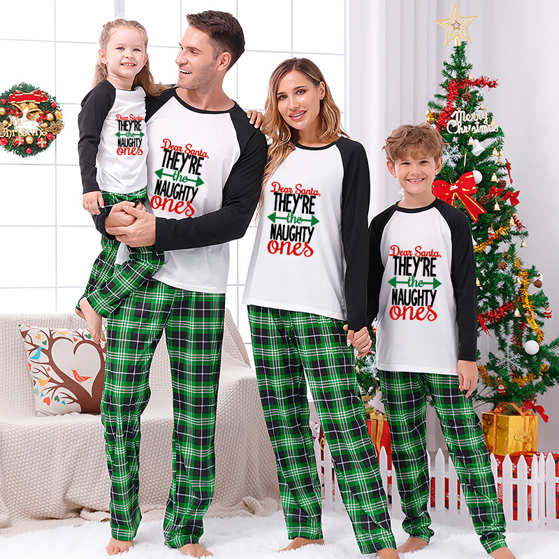 Christmas Family Matching Pajamas Sets Dear Santa Naughty Ones and Green Plaids Pants