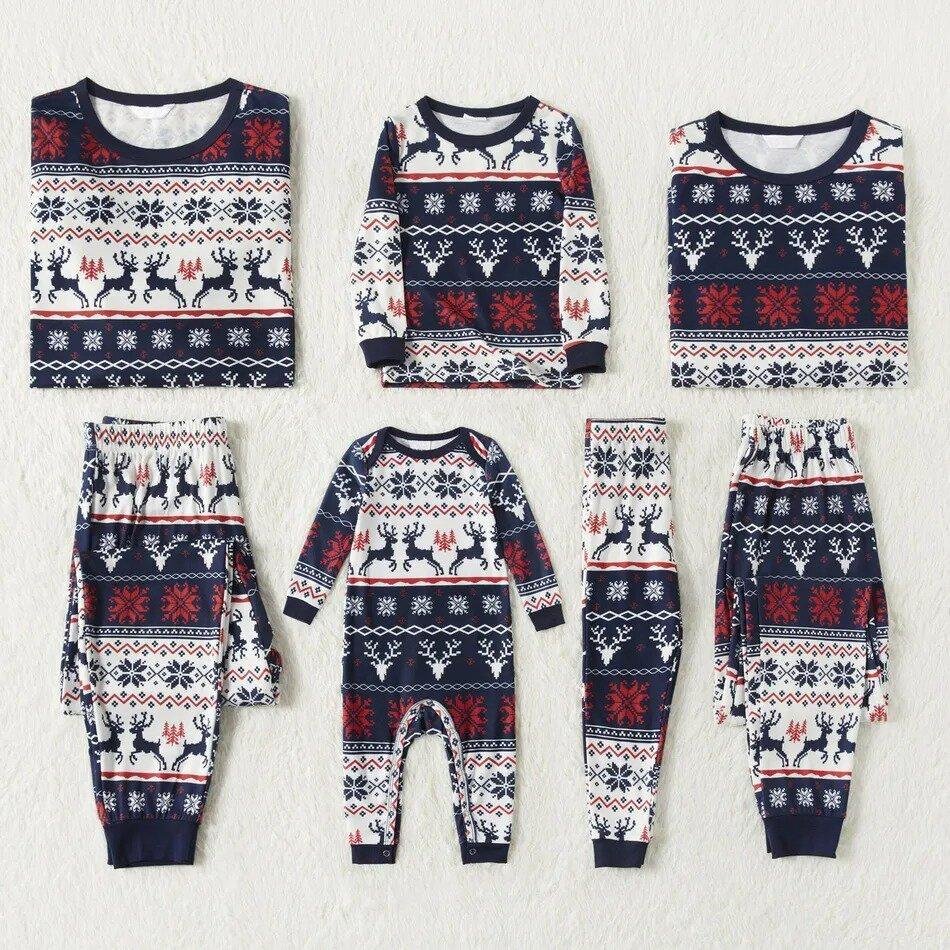 Christmas All Over Reindeer and Snowflake Print Family Matching Long-sleeve Plus Size Pajamas Sets