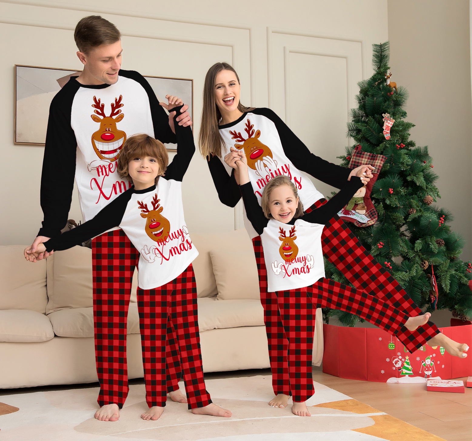 Christmas Family Pajamas Matching Sets Merry Xmas Deer Print Top Red Plaid Pants