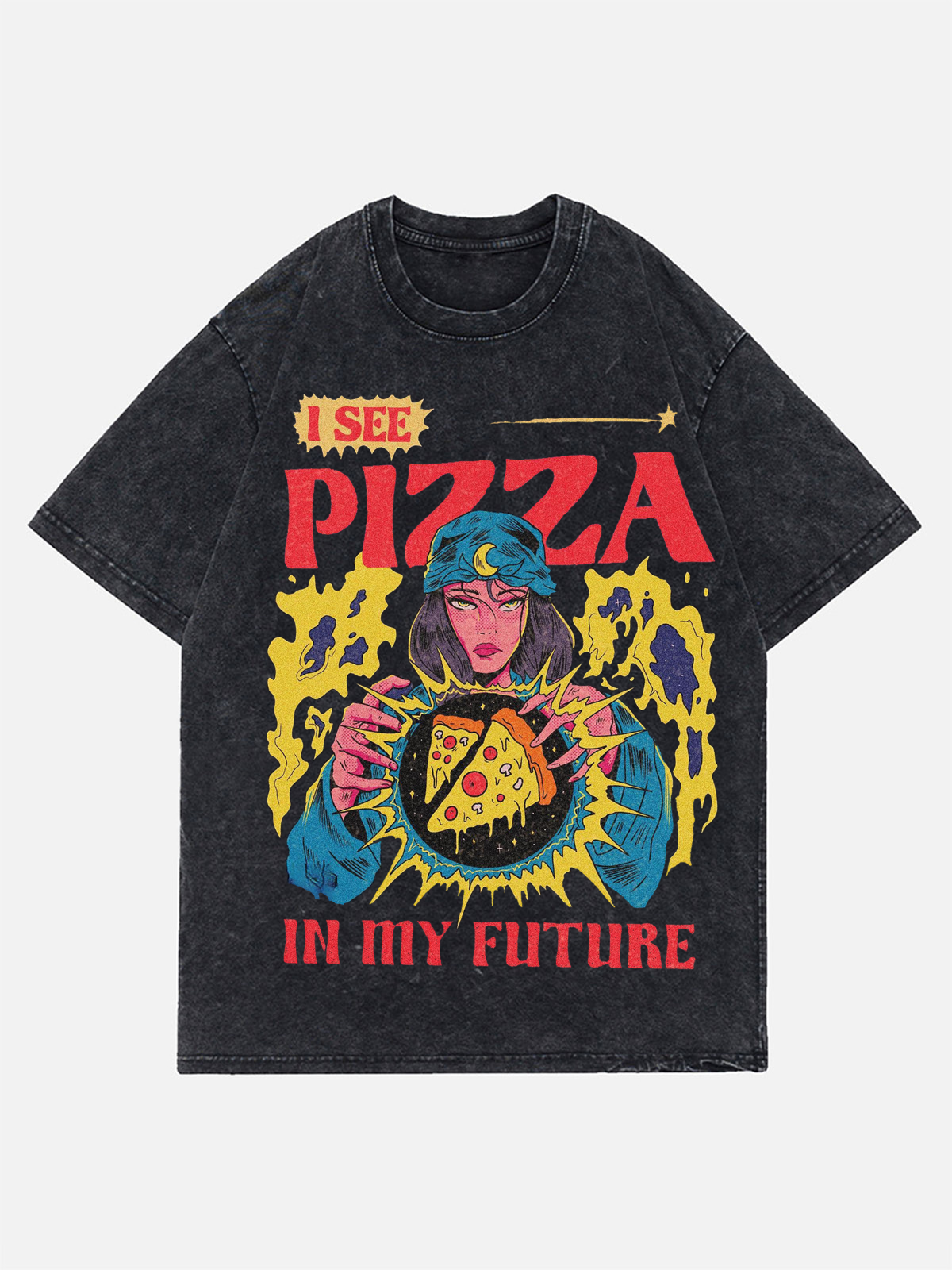 Pizza Magic Ball Unisex Vintage Wash Denim T-Shirts