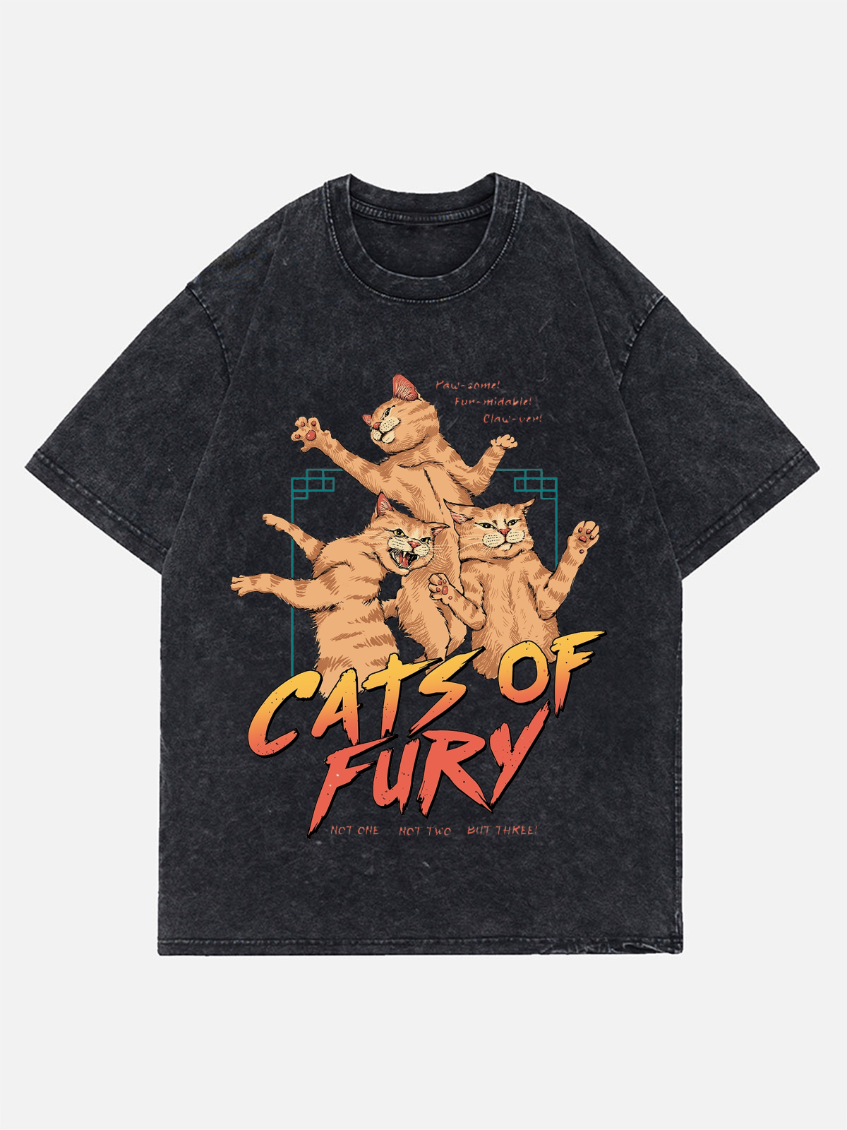 Cats Of Fury Unisex Oversized Print Vintage Wash Denim T-Shirt
