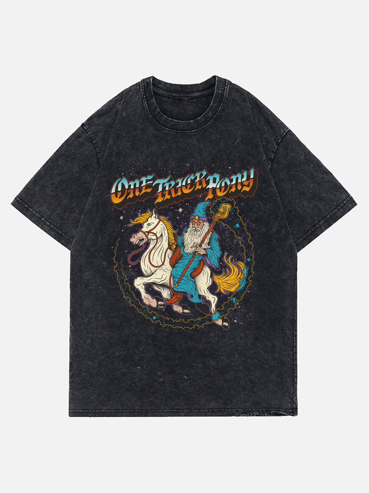 One Irior Pony Unisex Vintage Print Wash Denim T-Shirt 