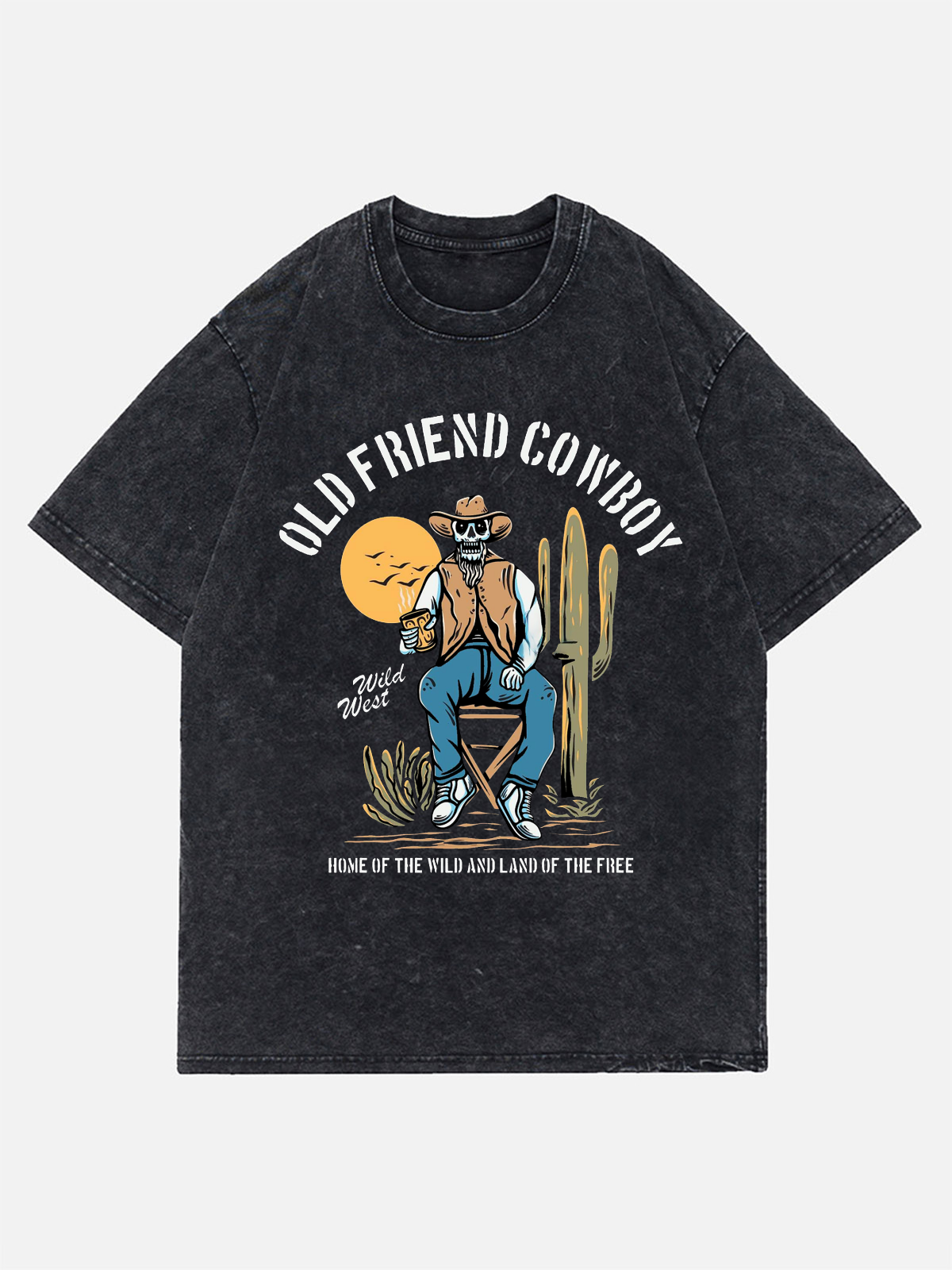 Old Friend Cowboy Unisex Vintage Print Wash Denim T-Shirt 