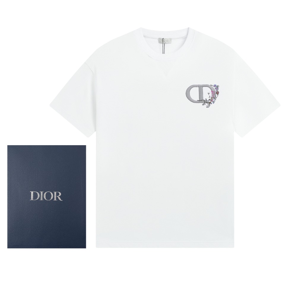 Dior Flower Thick Thread Embroidery Unisex T-shirt