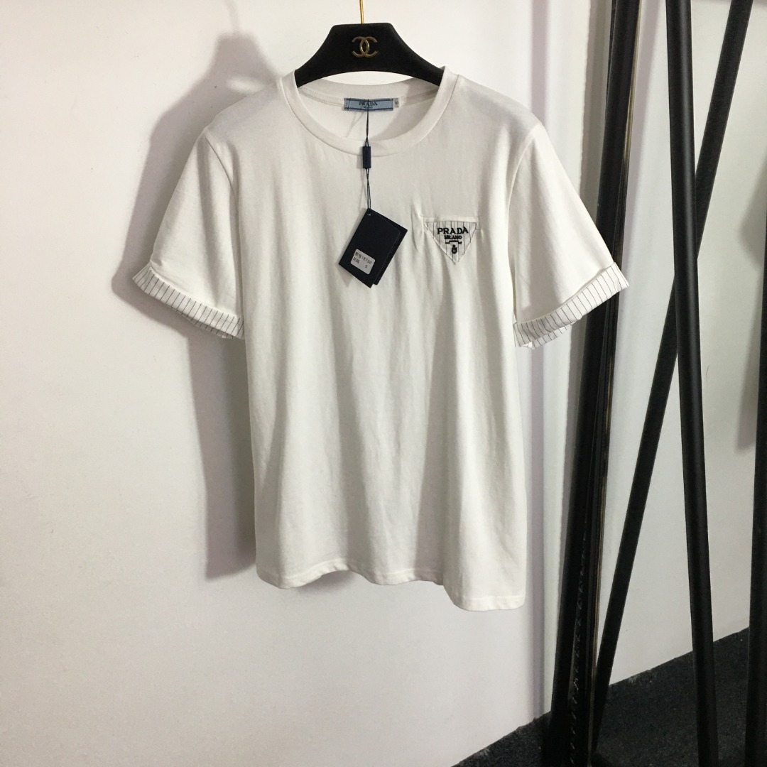 Prada Triangle Embroidery Letter Stripe Short Sleeve T-shirt