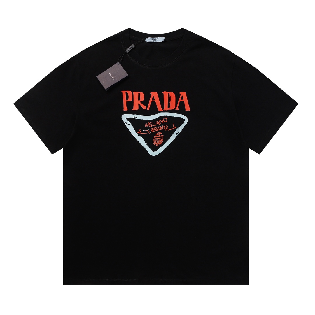 Prada Red Letter Triangle Print T-shirt Short Sleeve