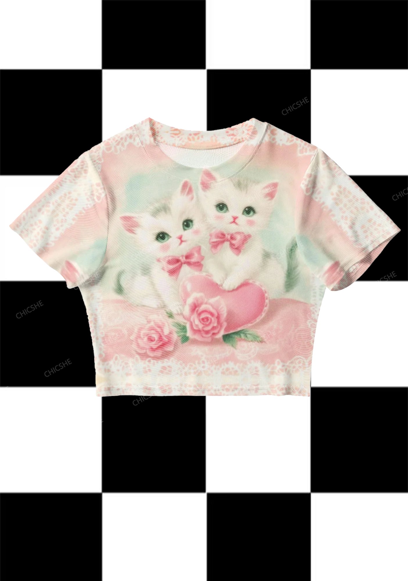 Retro Pink Cat Print Y2K Mesh Crop Top Chicshe 