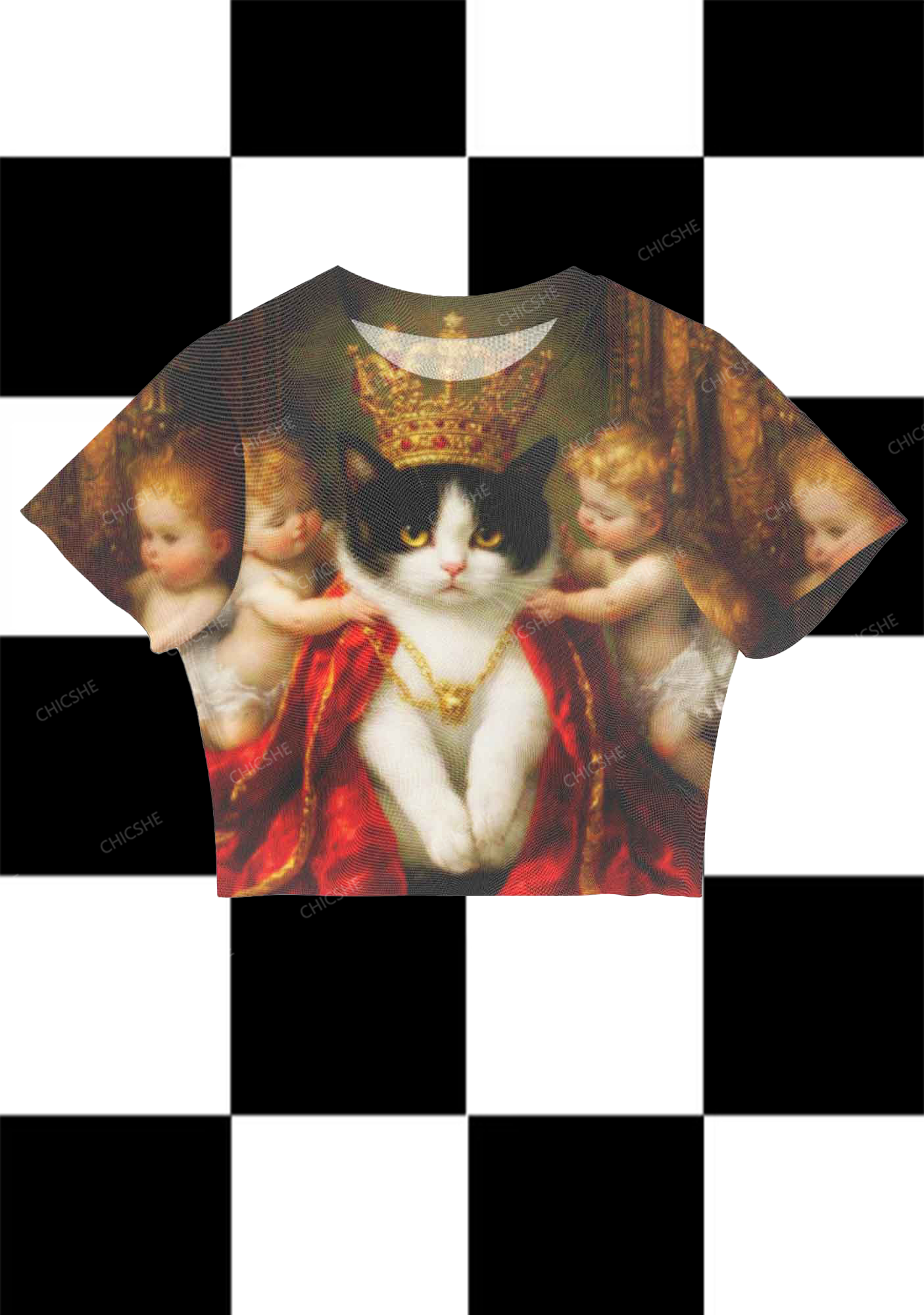 Oil Painting King Cat Print Y2K Mesh Crop Top Chicshe 