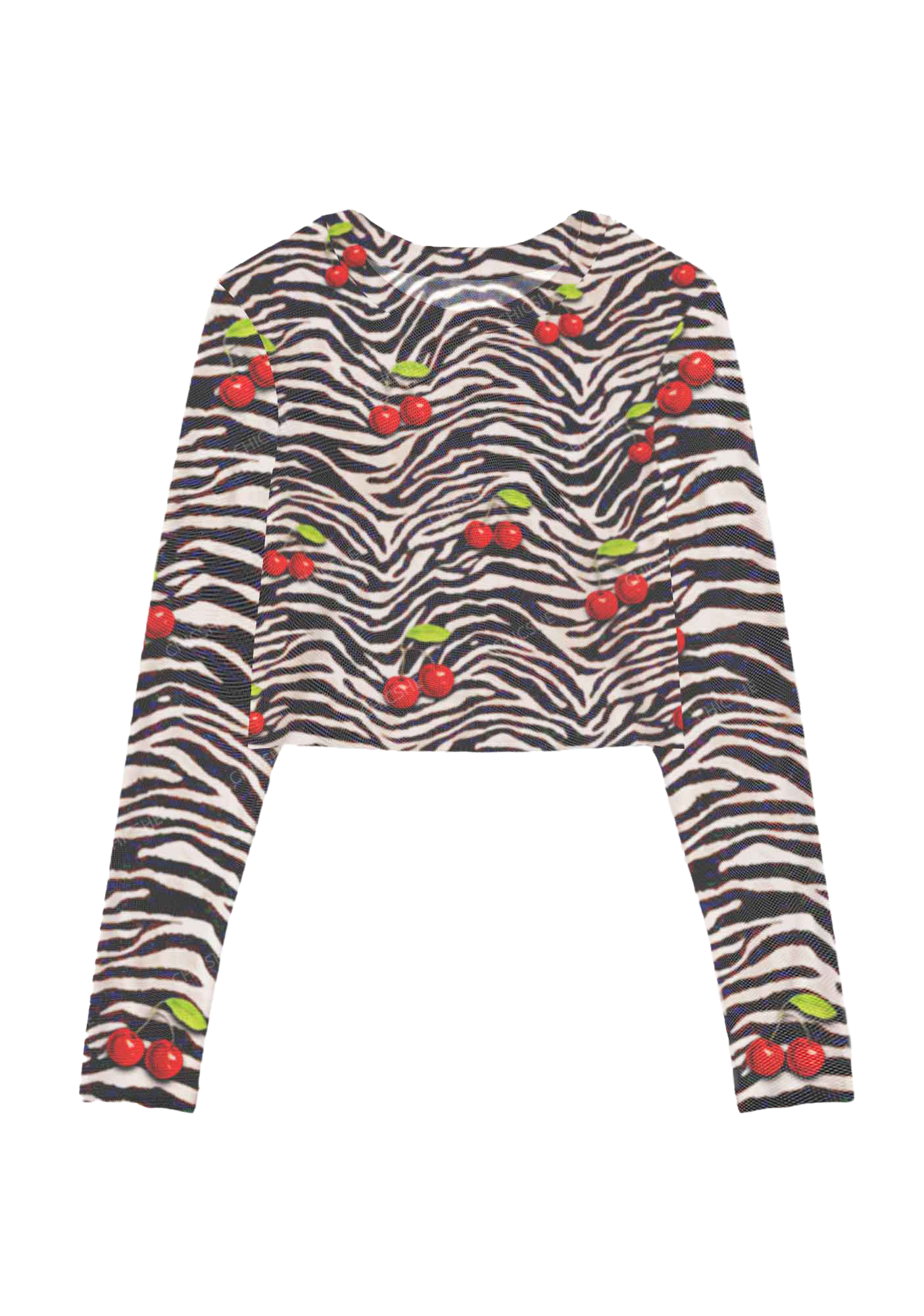 Cherry Zebra Print Y2K Mesh Long Sleeve Crop Top Chicshe 