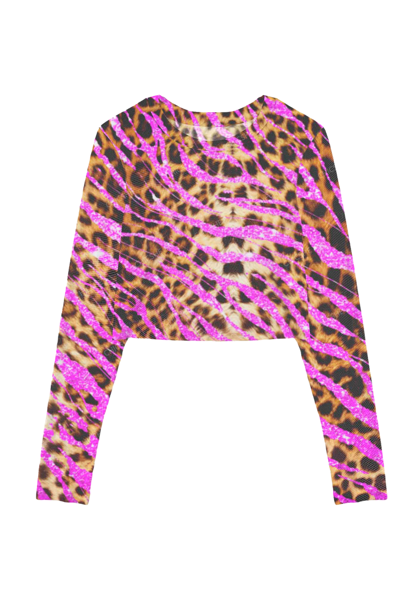 Pink Shiny Leopard Print Y2K Mesh Long Sleeve Crop Top  Chicshe 